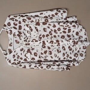 Est 1946 Brown/Teal Animal Print Blouse w Front Zipper and Pockets L